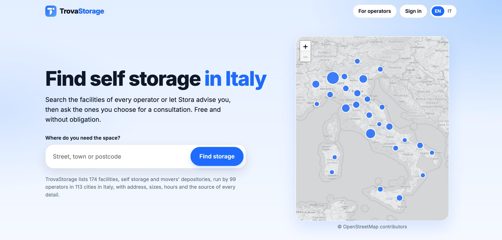 TrovaStorage home page: the headline "Find self storage in Italy", the search field for street, town or postcode and the map of Italy with the listed facilities