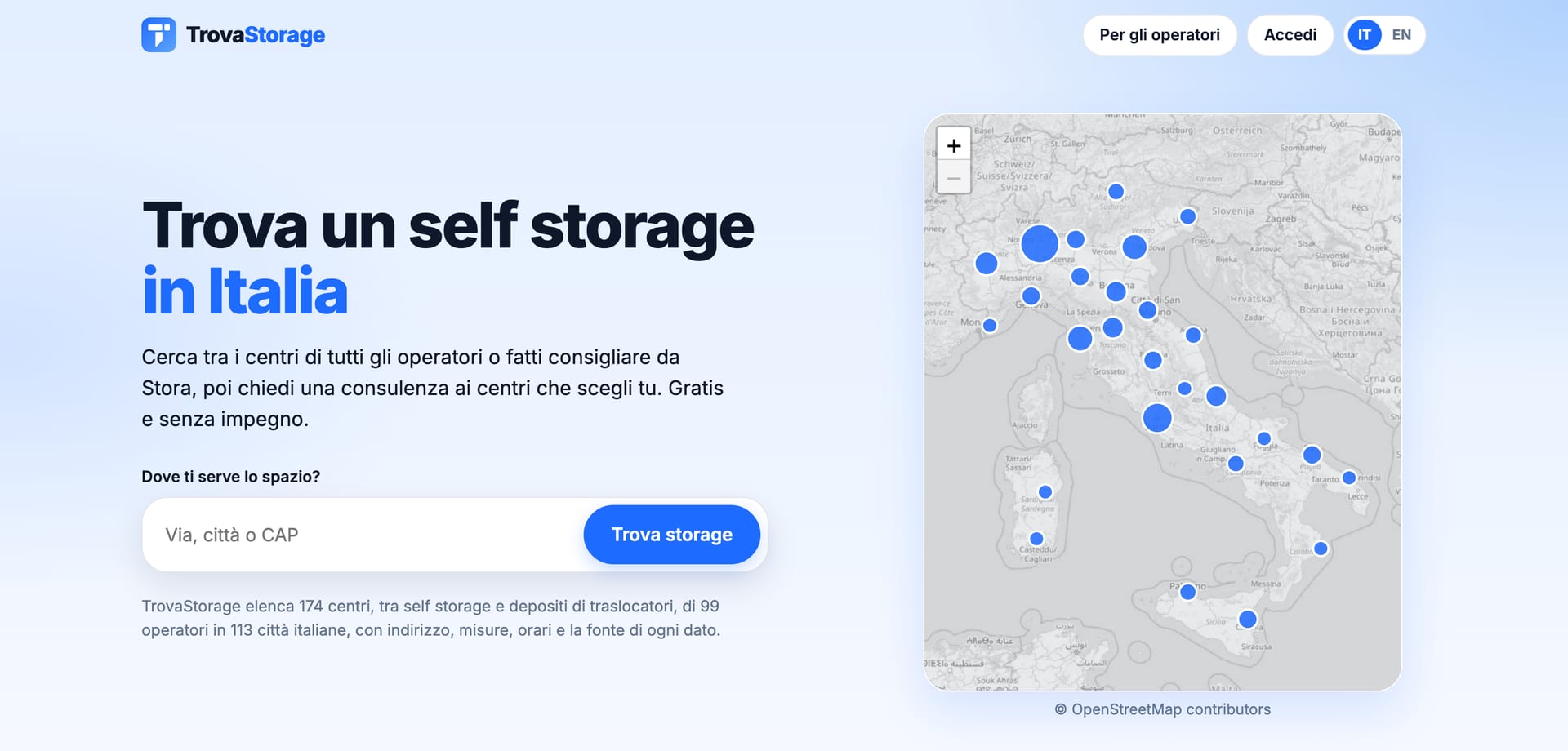 Home page di TrovaStorage: il titolo "Trova un self storage in Italia", il campo di ricerca per via, città o CAP e la mappa d'Italia con i centri in elenco